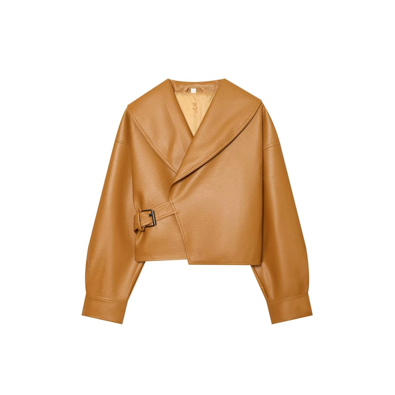 Wholesale of new European and American style women's clothing for export, featuring a stylish ZW series with a full leather button-up jacket and a PU top