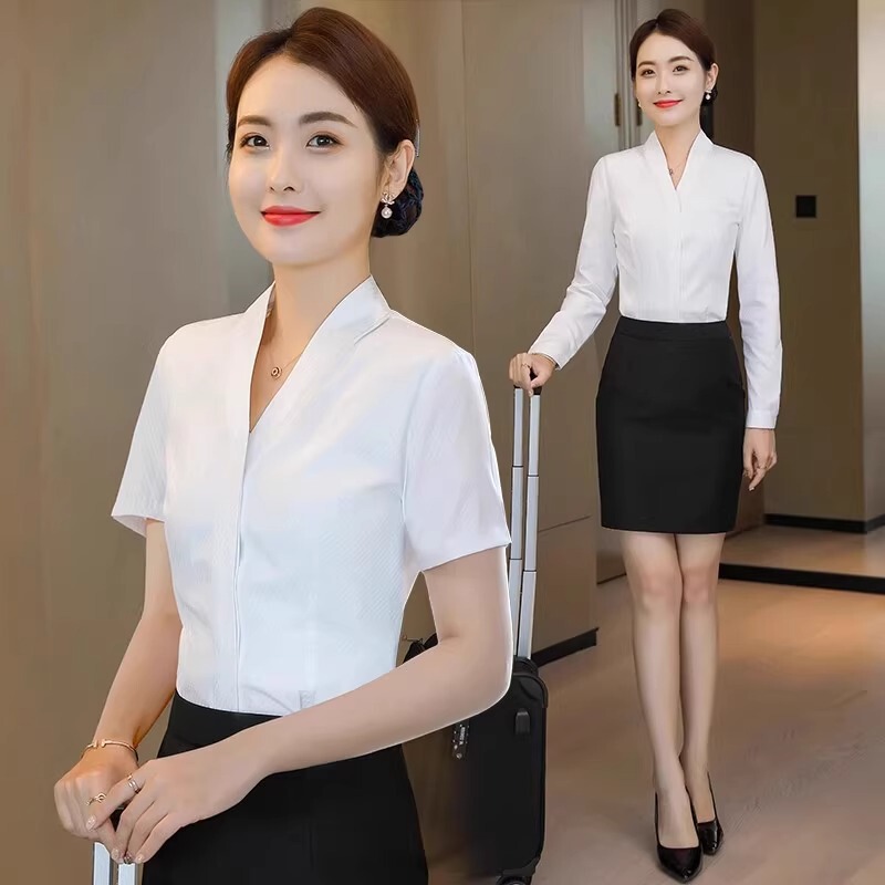 Flight Attendant Uniform Professional White Shirt Female 2025 Summer New Flight Attendant Art Exam Interview Formal Wear V Neck Uniform Shirt
