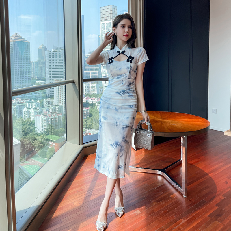 0021 Women's Clothing Wholesale Southeast Asian Style Sexy Hollow-Out Printed Patchwork Modified Cheongsam Dress 2025 New Model