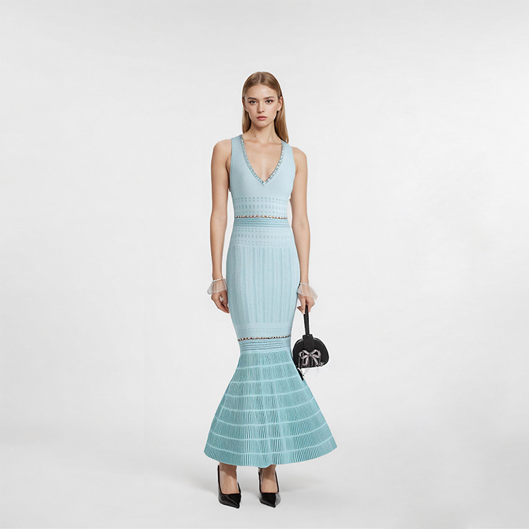 Cross-border Nanyou High-end Spring and Summer Elegant Ladies light blue V-neck Sleeveless Beaded Mid-length Knitted Fishtail dress
