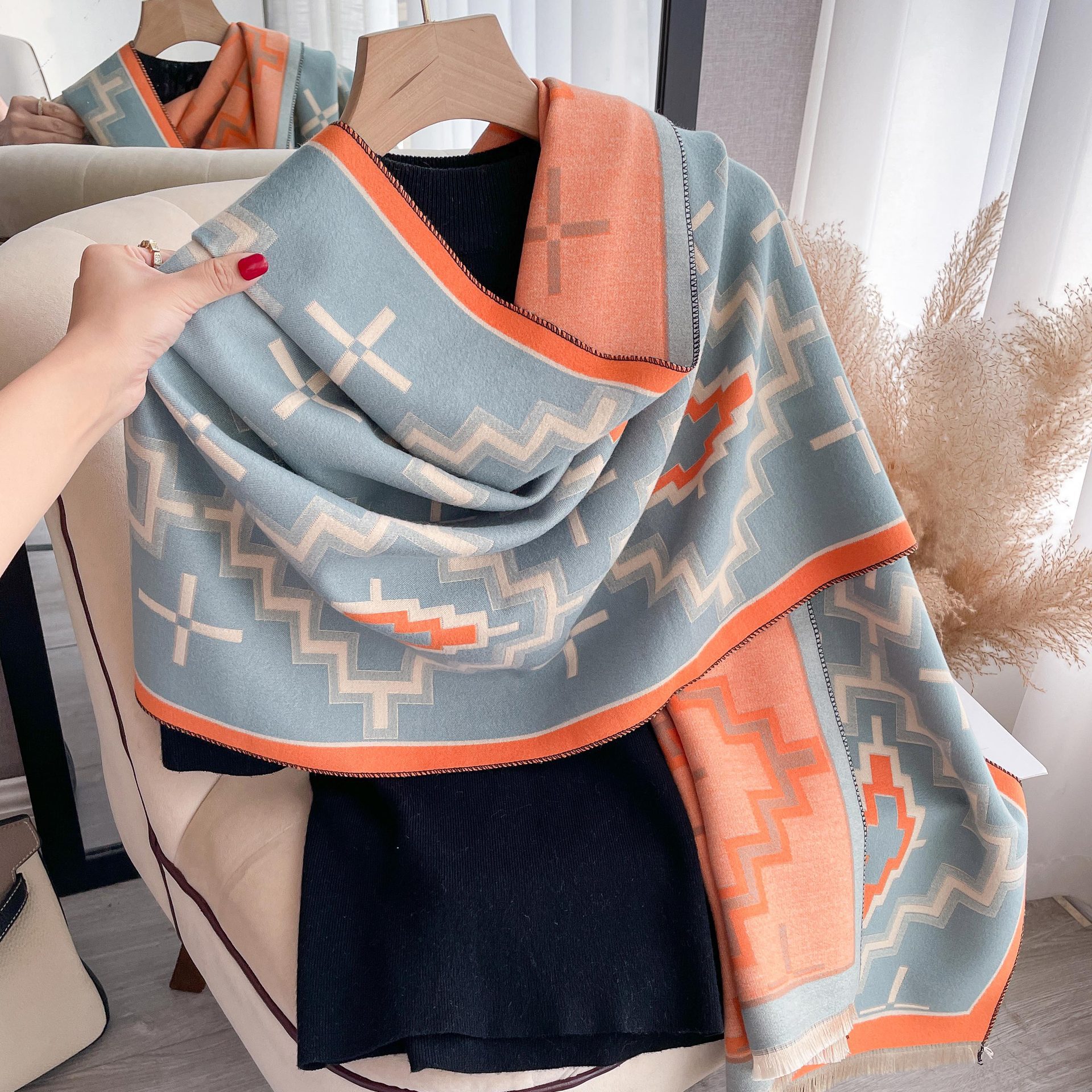 Nuevo estilo cachemir-como estilo coreano grueso cálido chal Retro color a juego geométrico diamante patrón bufanda para las mujeres Otoño e Invierno