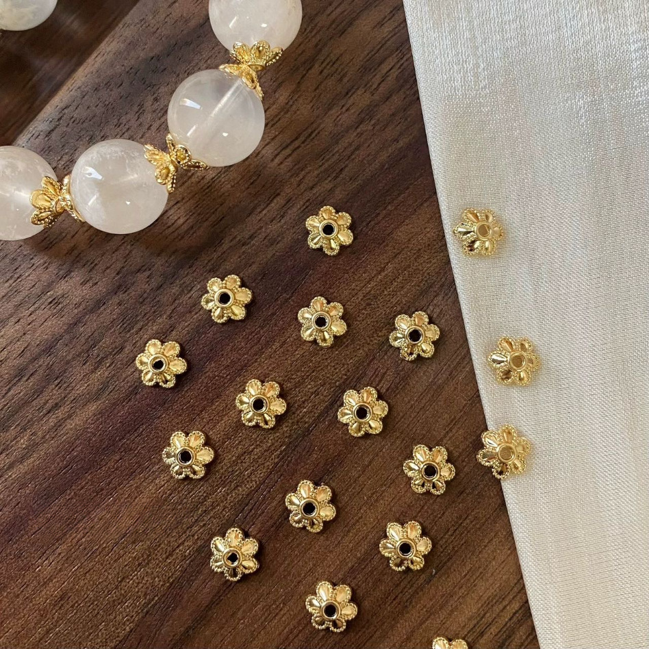 14K Gold-Plated Color-Preserving Flower Caps DIY Crystal Bracelet Accessories Beaded Flower Caps Spacer Beads Handmade Materials