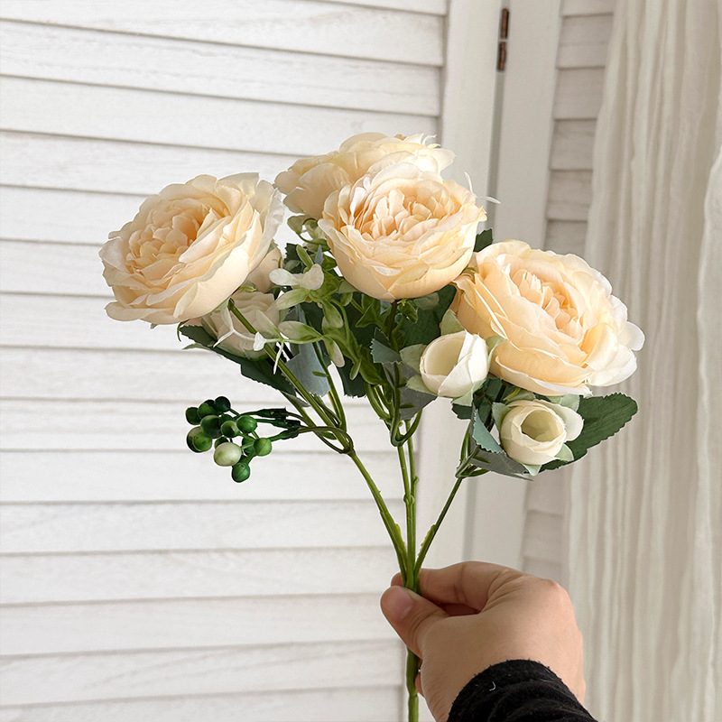 5-cabeza peonía flor artificial persa Rosa pequeño mango manojo flor falsa sala de estar Decoración de mesa decoración del hogar Decoración de la boda