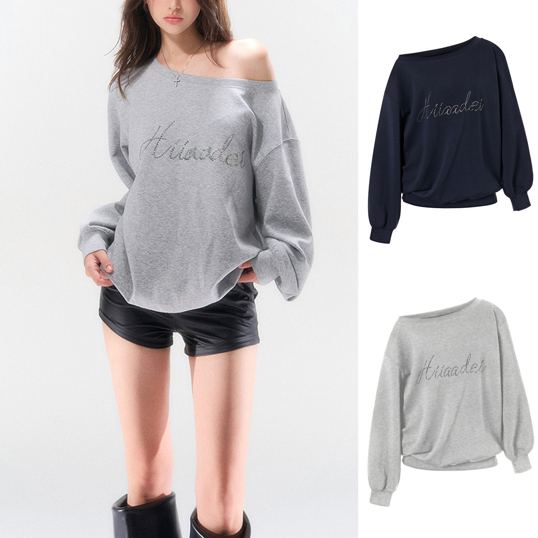 High-set Hot Drilling Lazy Style off-shoulder Oblique Shoulder Sweater American Style Air Sense Loose Cocoon Style Long off-shoulder Sweater Trendy