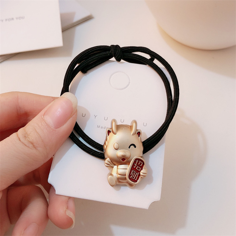 Año del Dragón Zodiaco de alta sensación metal rojo Año Nuevo anillo de cabello de alta altura cuerda elástica cuerda de cabello festiva adornos para el cabello