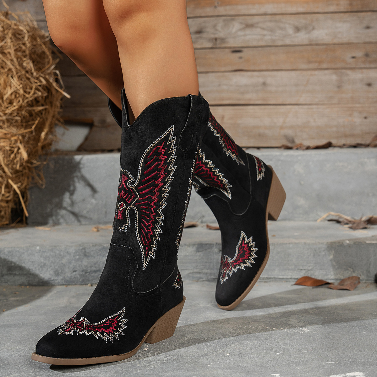 Winterse suède rijlaarzen met borduursel en middelhoge hak voor dames, plus size, met dikke hak en spitse neus, western cowboylaarzen._voghion.com
