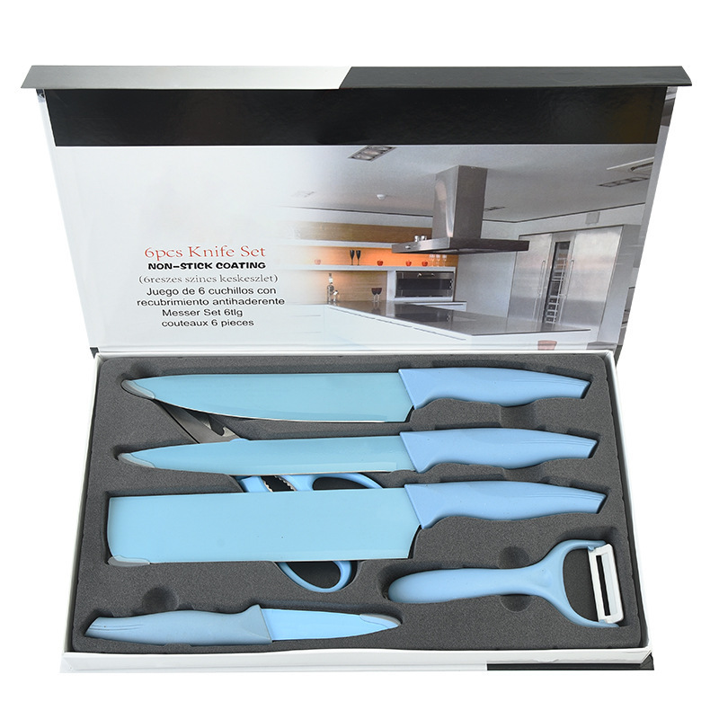 En stock cuchillo de acero inoxidable cuchillo de pintura en aerosol mango de cola de Fénix cuchillo de cocina pequeño caja de regalo de seis piezas cuchillo de corte de cocina traje de cuchillo