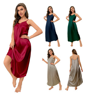 Cross-Border Amazon Style Ice Silk Pajamas for Women Summer Suspenders Sexy Nightgown Long Loose Home Clothes 3218