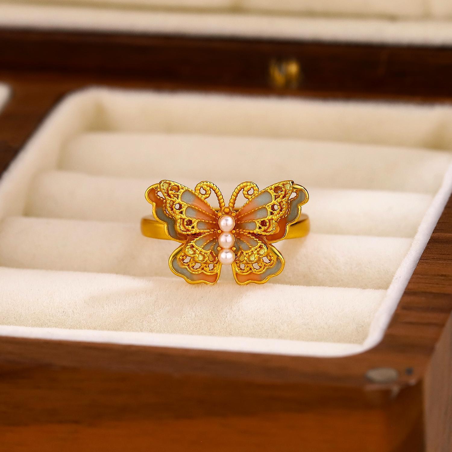 珍珠彩色蝴蝶戒指女新中式古風復古文藝時尚氣質高級感百搭指環女