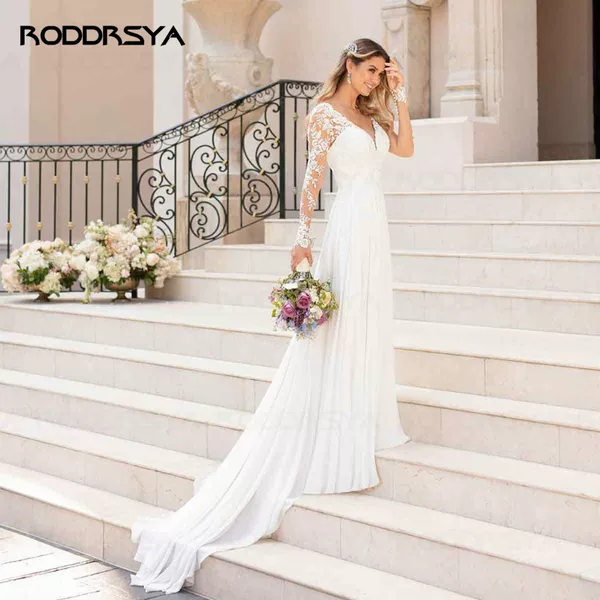Foreign Trade Amazon 2026 New Long-Sleeved Wedding Dress Sexy Backless White Lace Appliqué Wedding Dress