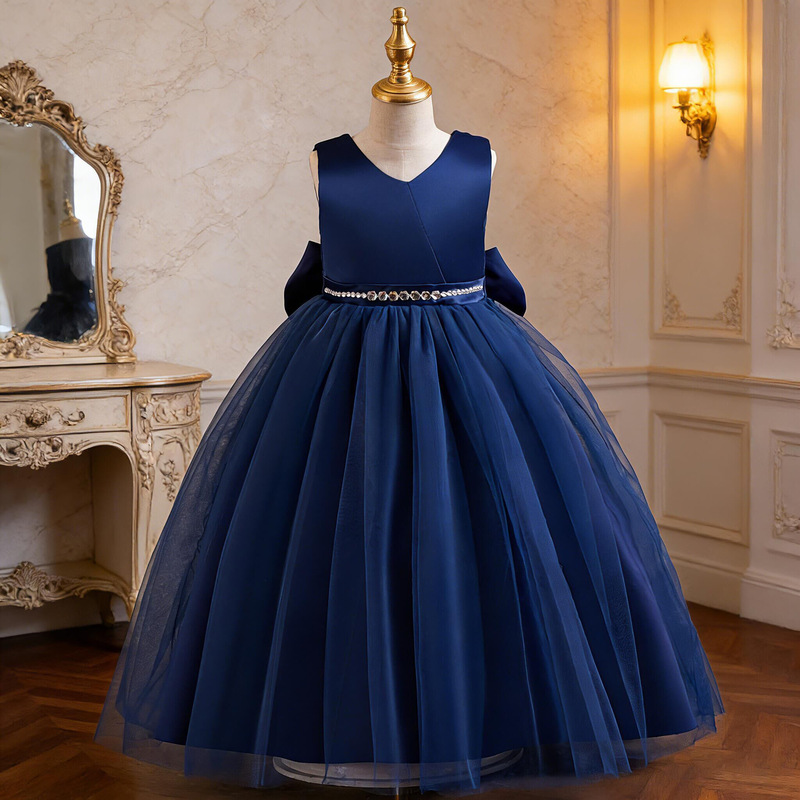 Medium and big children's dress sleeveless long big bow princess dress small model catwalk dress Festival party costume