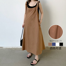 现货 实拍 跨境出口日本乐天ins亚马逊外贸亚麻混纺吊带连衣裙
