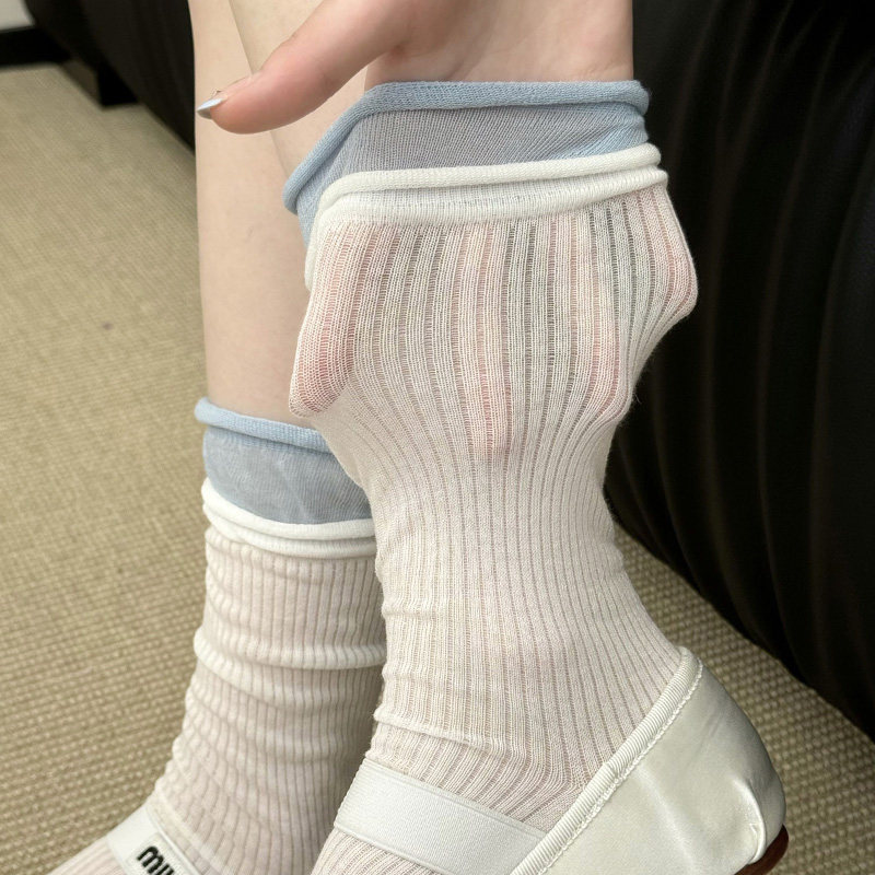Dopamine Socks for Women, Trendy Color-Blocking Mid-Calf Socks with Rolled Edges, Double Ribbed Cuffs, Versatile, Breathable, Slouch Socks, Thin Summer Style Dopamine Socks for Women, Trendy Color-Blocking Mid-Calf Socks with Rolled Edges, Double Ribbed Cuffs, Versatile, Breathable, Slouch Socks, Thin Summer Style