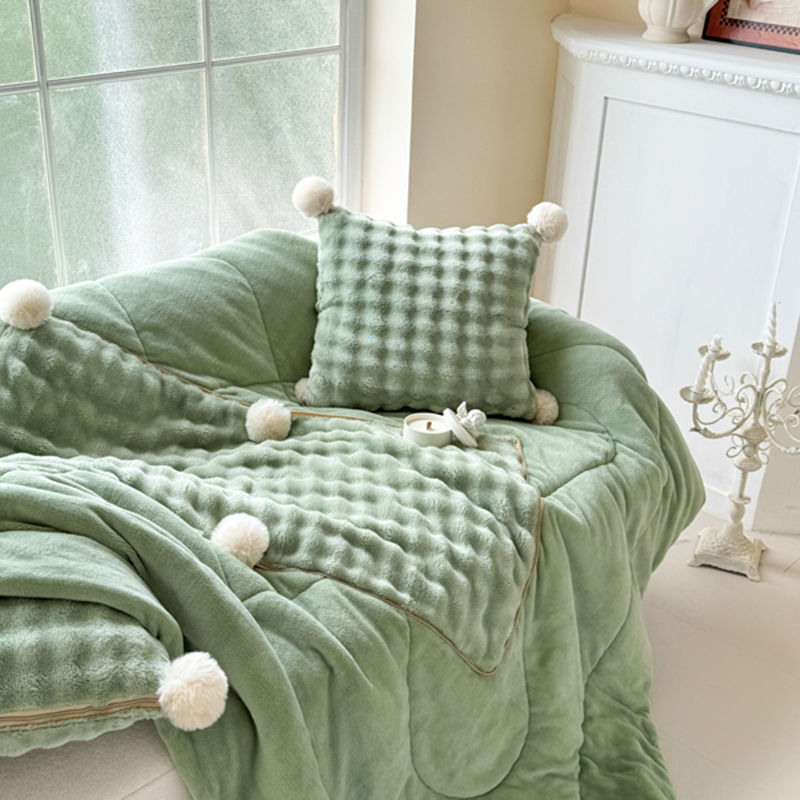 New Rabbit Fur Milk Fleece Plush Balls Throw Pillow Blanket, Luxury Office Nap Blanket, 2-in-1 Car Cushion Throw Blanket