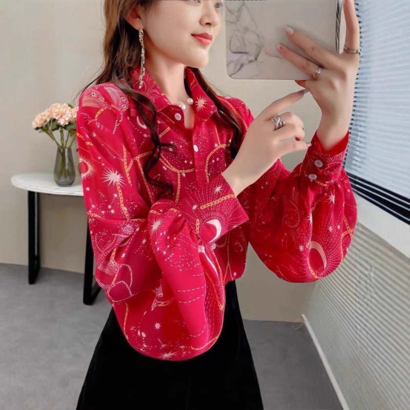 Western-Style Lapel Women's Shirt 2025 Spring New Loose Lantern Sleeve Shirt Women's Printed Chiffon Top Women