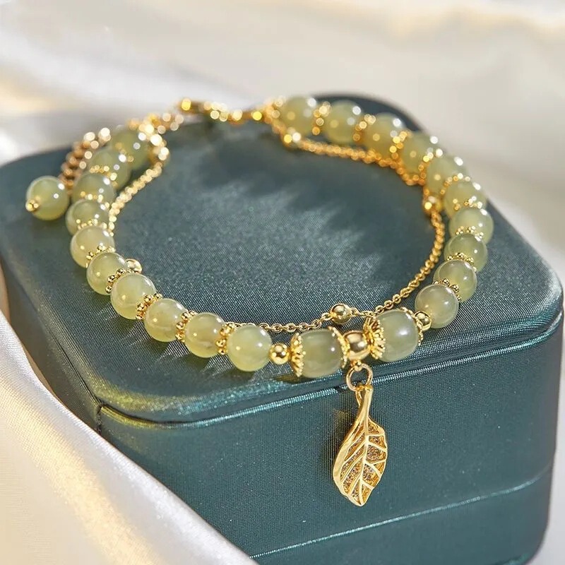 Imitation Hetian Yujin Branches and Jade Leaves Bracelet Women's Chinese Style No Fade ins Niche Design Permanent Light Luxury Beads