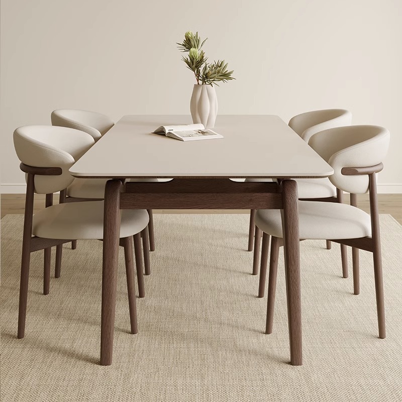 Mesa y silla de comedor de roca de Delifeng combinación rectangular moderna y simple casa pequeña crema viento mesa de comedor de madera de cera blanca