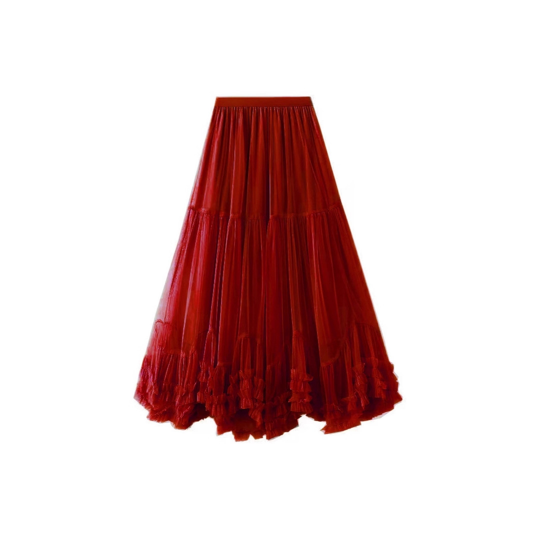 Multi-Layer Cake Dance Mesh Skirt Mid-Length Heavy-Duty A-Line Flared Tulle Skirt with Ruffled Edges