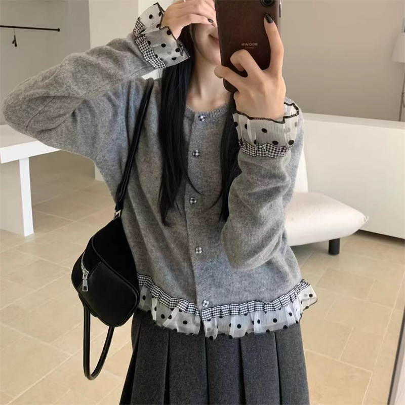 韩系甜美蕾丝拼色毛衣女针织衫开衫秋冬宽松慵懒风气质短款上衣女|undefined