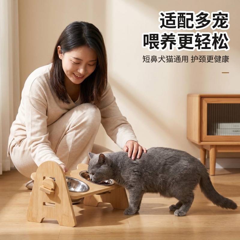 bambú ajustable tronco viento doble tazón gato cubierta de cuello de madera sólida anti-volquear gato y perro universal agua potable alimentación cubierta de tazón