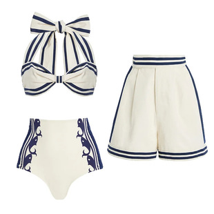 2025 European and American Bikini New Navy High Waist Split Swimsuit Suit Women's Cross-Border Seaside Beach Suit 2529