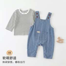 牛仔套装背带款哈衣萌娃宝宝爬服新生婴儿衣服春秋装金额批发代发