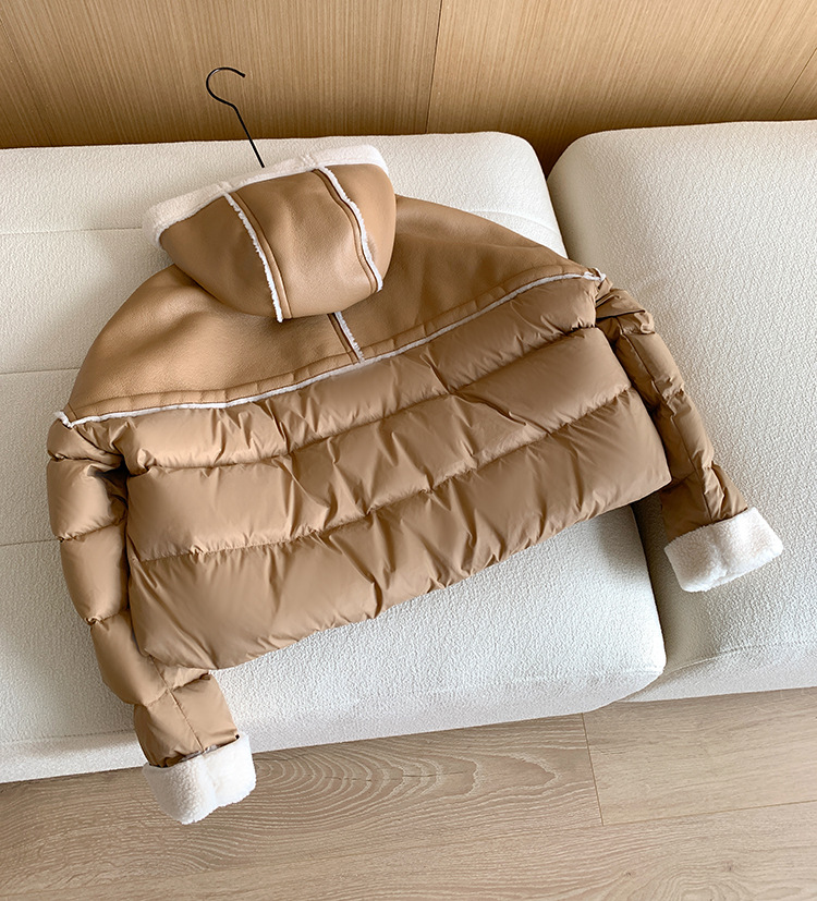 Giacca corta europea in piumino per donna stile corto cuciture colore a contrasto pelle PU leggera lusso alta qualità maglione largo 2024 nuovo inverno_voghion.com