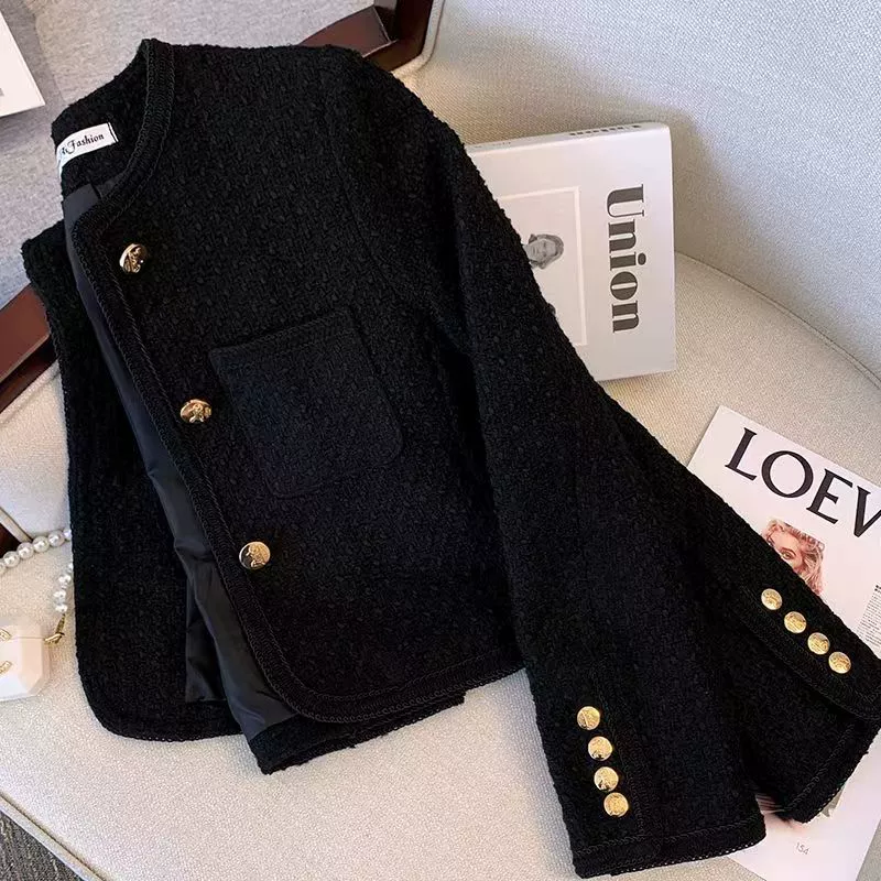 Короткая черная осенняя куртка, костюм, стиль Chanel
