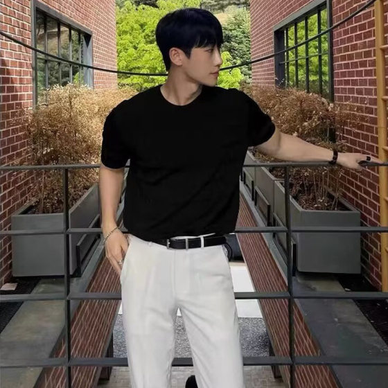 Summer new short sleeve sweater men's texture solid color light mature slim business ice silk T-shirt foreign trade cross-border wholesale