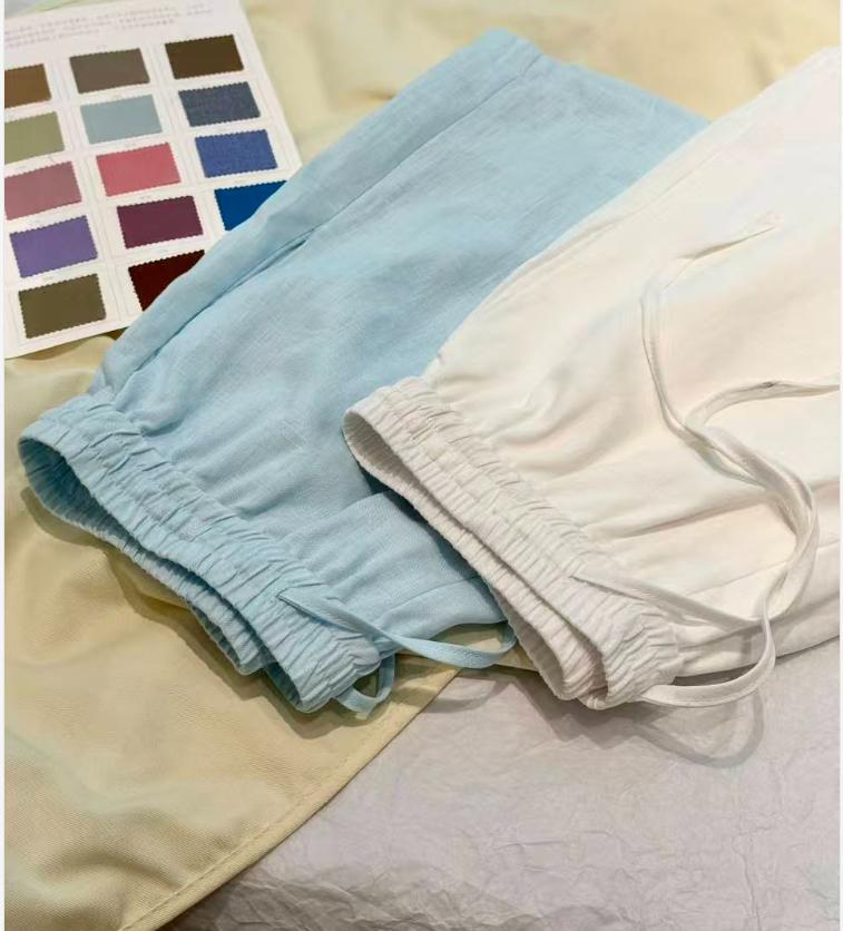 Quần short nữ vải lanh nhập khẩu thiết kế viền tua rua có lót dáng chữ A — xanh lam, màu trắng chi tiết 7