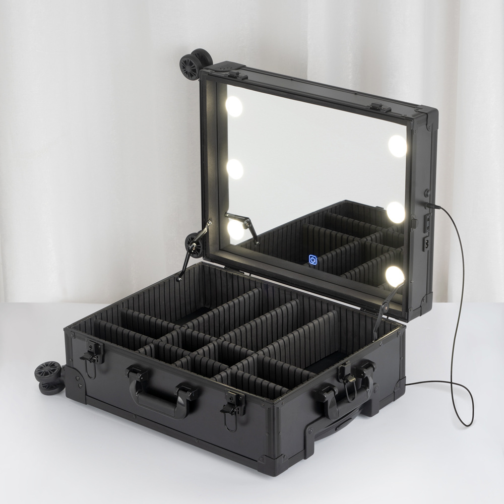 Espejo completo, atenuación de tres colores, caja de maquillaje profesional con luz, barra de tracción, rueda universal multicapa, caja de maquillaje y maquillaje 508
