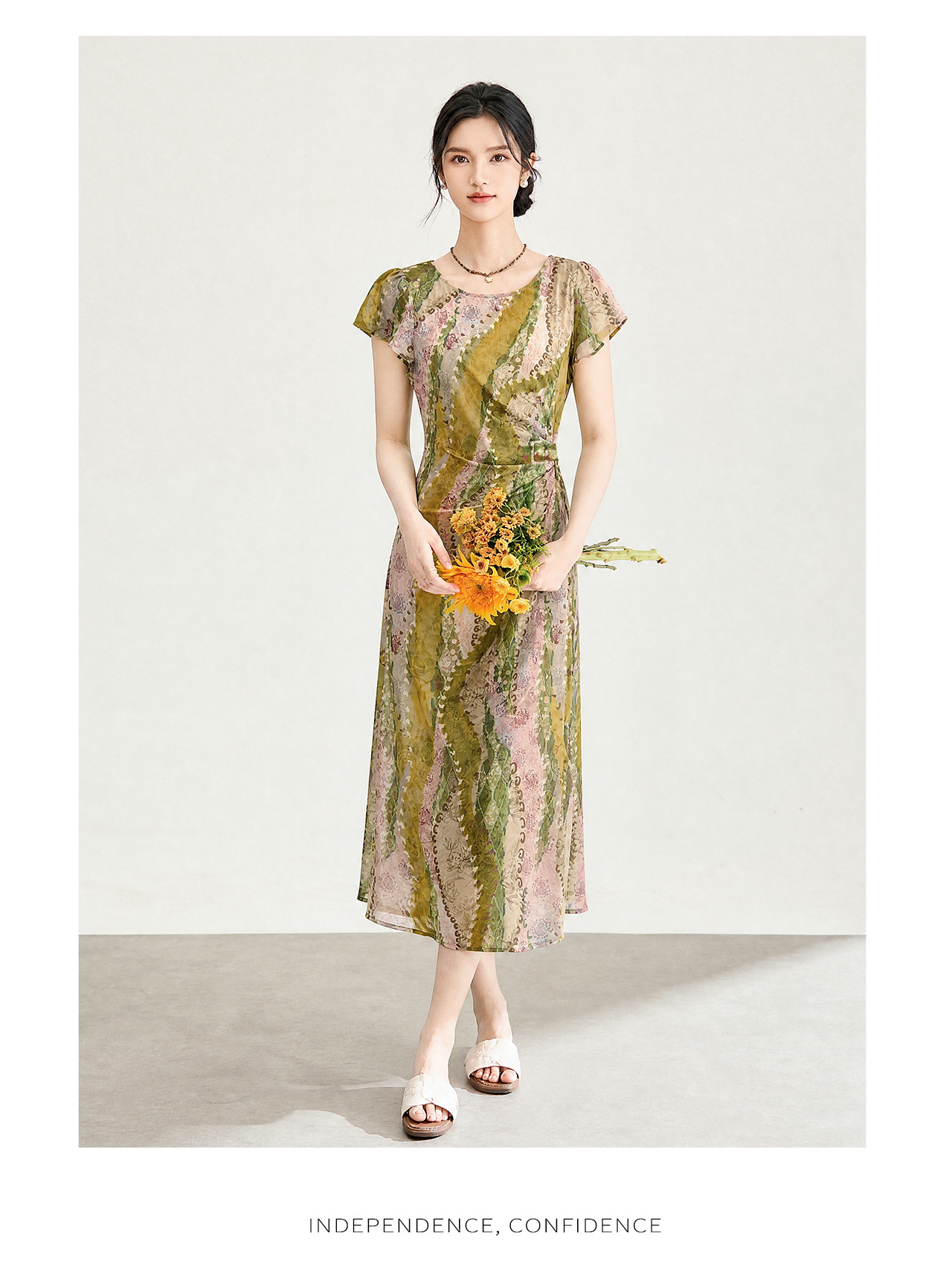 Đầm maxi nữ họa tiết bohemian tay ngắn thắt eo chất liệu voan — màu hồng chi tiết 20