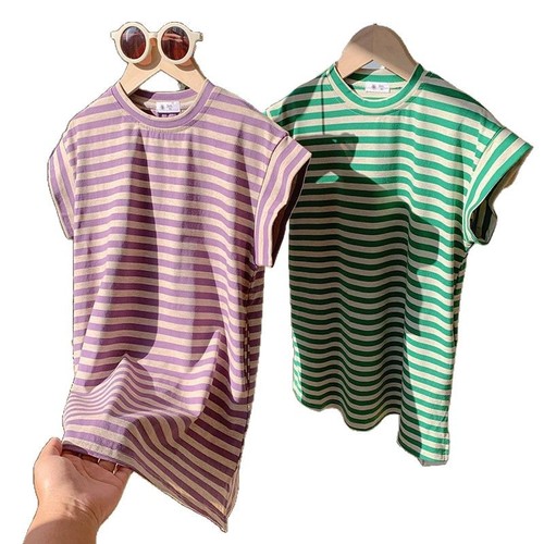 Korean Girls' Summer Dress Children's Short Sleeve Child Skirt Fashion Striped Children's Princess Dress