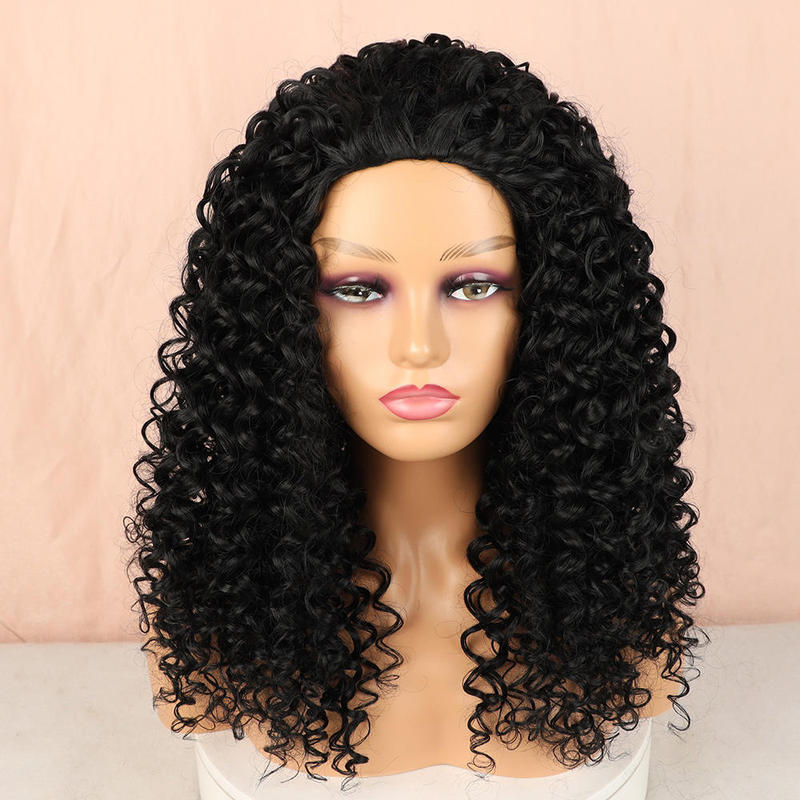 Factory Price New Style Black Curly Wig 18inch High-Quality Synthetic Fiber Wig Heat-Resistant Glue-Free Wig