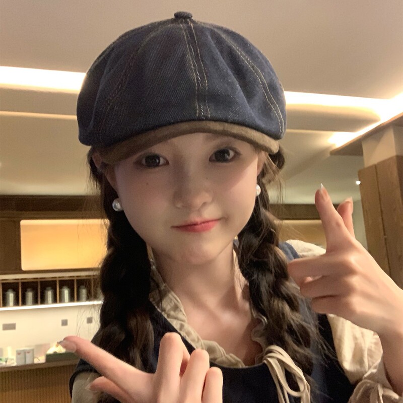 秋冬季新款牛仔短帽檐贝雷帽女日系文艺百搭前进帽显脸小休闲帽子|undefined
