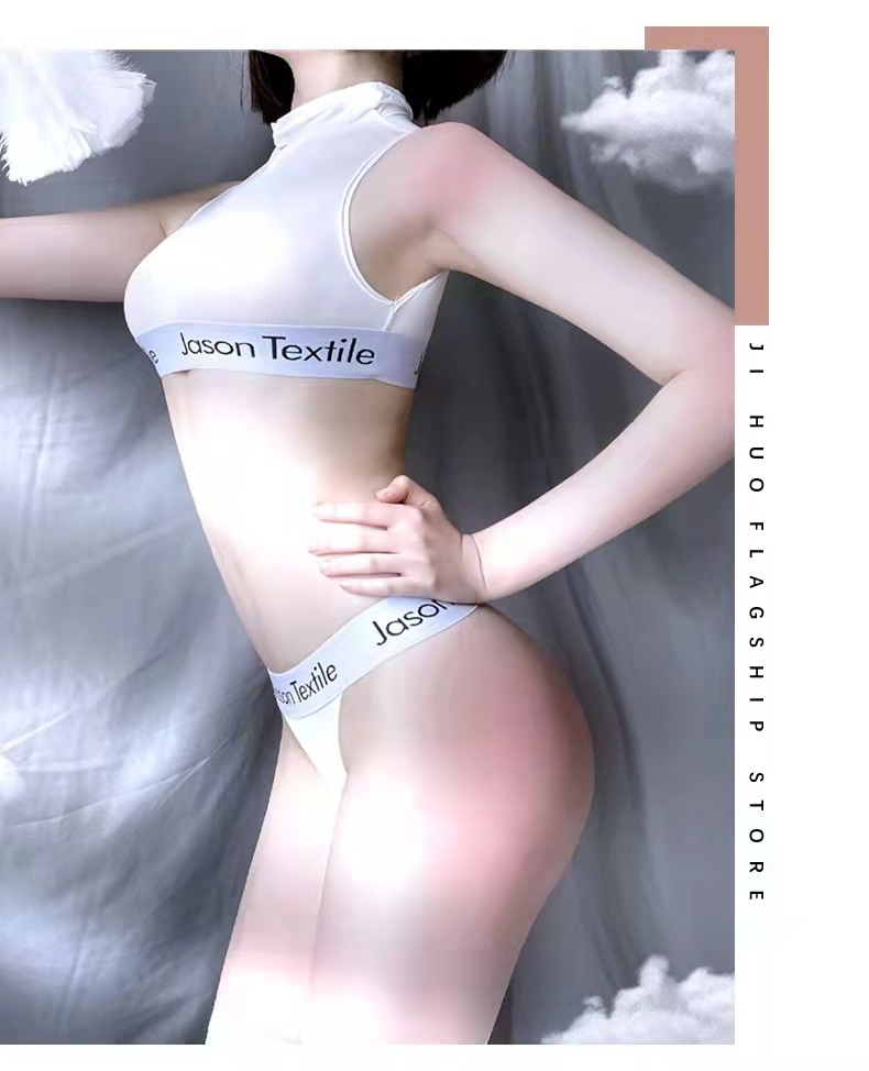 Three-Point Transparent Bikini Lingerie Set with Student Socks, Black Ice-Silk — detail image 13