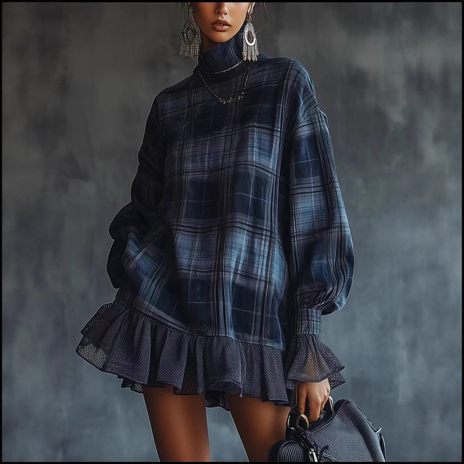 2025 European and American Cross-Border Elegant Suit Women's Spring Plaid Design Ruffled Skirt Dress