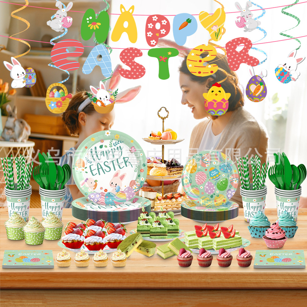Nuevo Conejo de Pascua tema suministros de decoración plato de papel desechable taza de papel tire bandera decoración del partido traje