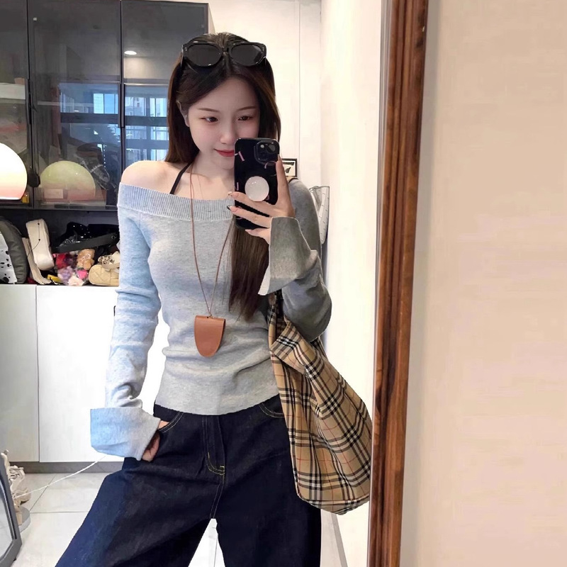 【人棉】斜肩露肩长袖打底女秋冬修身显瘦辣妹上衣打底衫设计|undefined
