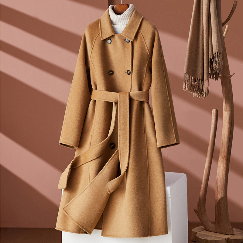 New Double-Sided Cashmere Outwear for Women Hepburn Mid-Length Doll Collar Double-Breasted Lace-Up Loose Woolen Outwear
