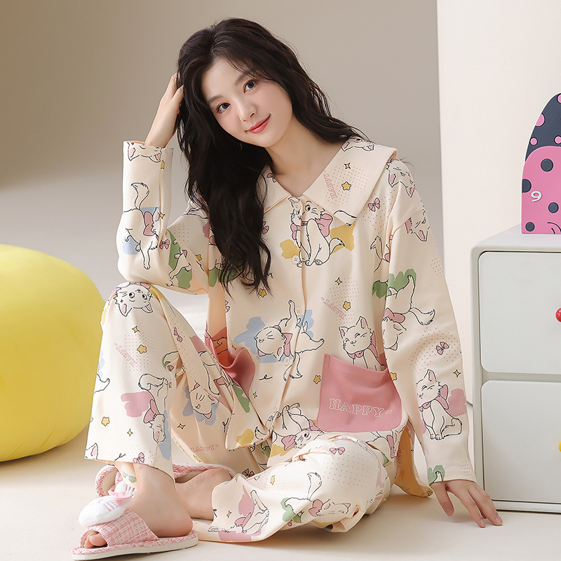 [Algodón puro] 40 pijamas de doble cara para mujer, primavera, otoño e invierno, nuevo estilo de manga larga con almohadilla para el pecho, traje de servicio a domicilio que se puede usar afuera