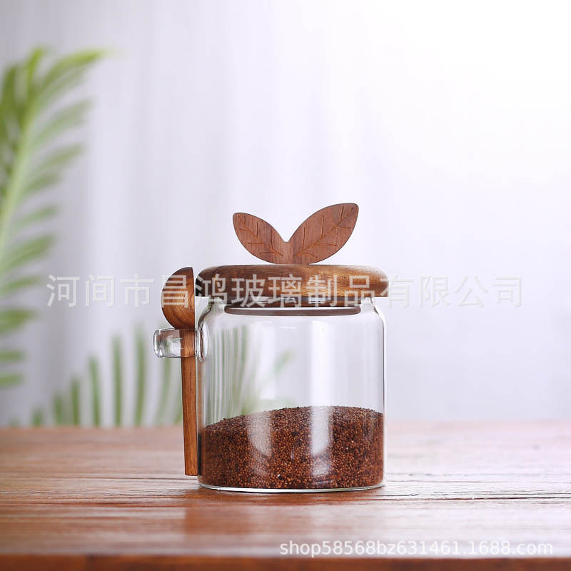 新款条纹玻璃密封罐带勺子咖啡豆储存罐高硼硅玻璃储物罐密封带盖|undefined
