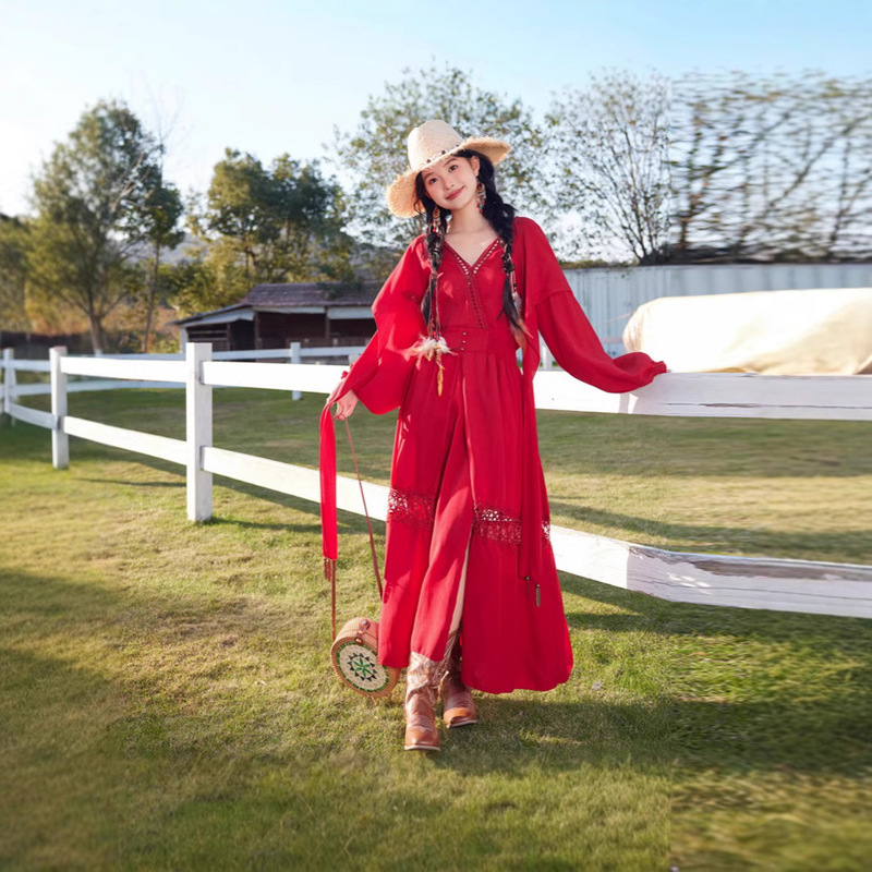 Ethnic Style Tourism Qinghai Lake Desert Photo Red Vacation Split Long Dress Retro V-Neck Hooded Dress Ethnic Style Tourism Qinghai Lake Desert Photo Red Vacation Split Long Dress Retro V-Neck Hooded Dress