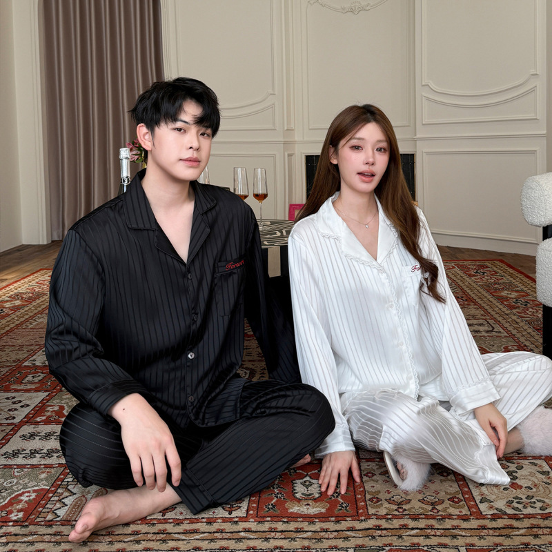 Spring and Summer New Style Ice Silk Couple Pajamas for Women, High-End Solid Color Simple Striped Imitation Silk Set That Can Be Worn Outside, for Men Spring and Summer New Style Ice Silk Couple Pajamas for Women, High-End Solid Color Simple Striped Imitation Silk Set That Can Be Worn Outside, for Men