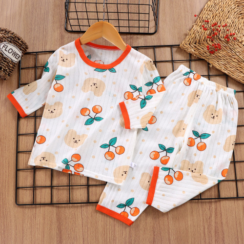 Children's pajamas, girls' summer three-quarter sleeve home clothes, baby suits, boys' summer pure cotton air-conditioned clothes wholesale