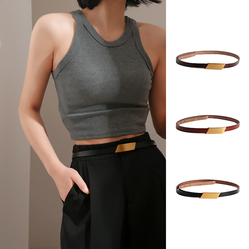 Ai Simple Fashion Versatile Leather Belt for Women Dress Parallel Long Buckle Decorative Narrow Waist Belt Matching Skirt Jeans