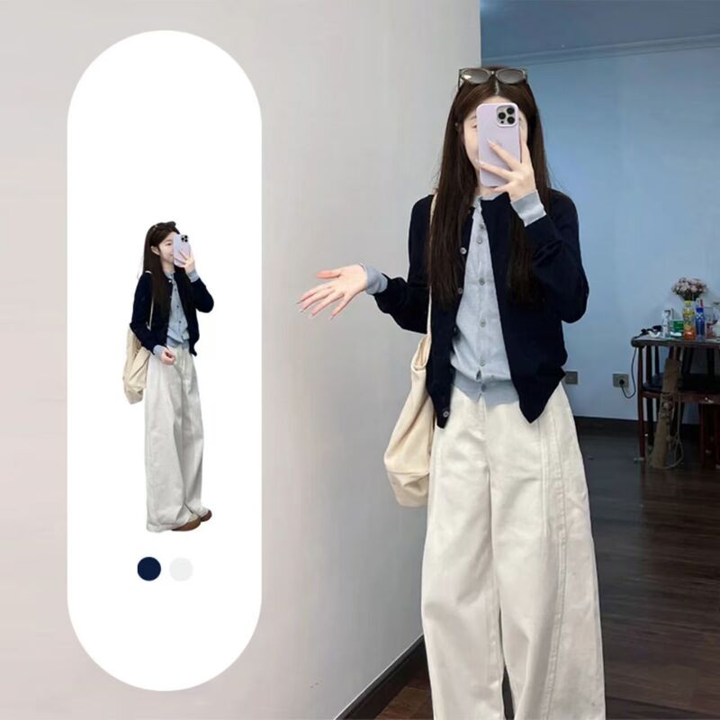 Female Student Xiaoxiangfeng Wears a Complete Set of Blue Knitted Sweaters and Jeans, Korean Style, Super Nice Fashion Suit for Autumn