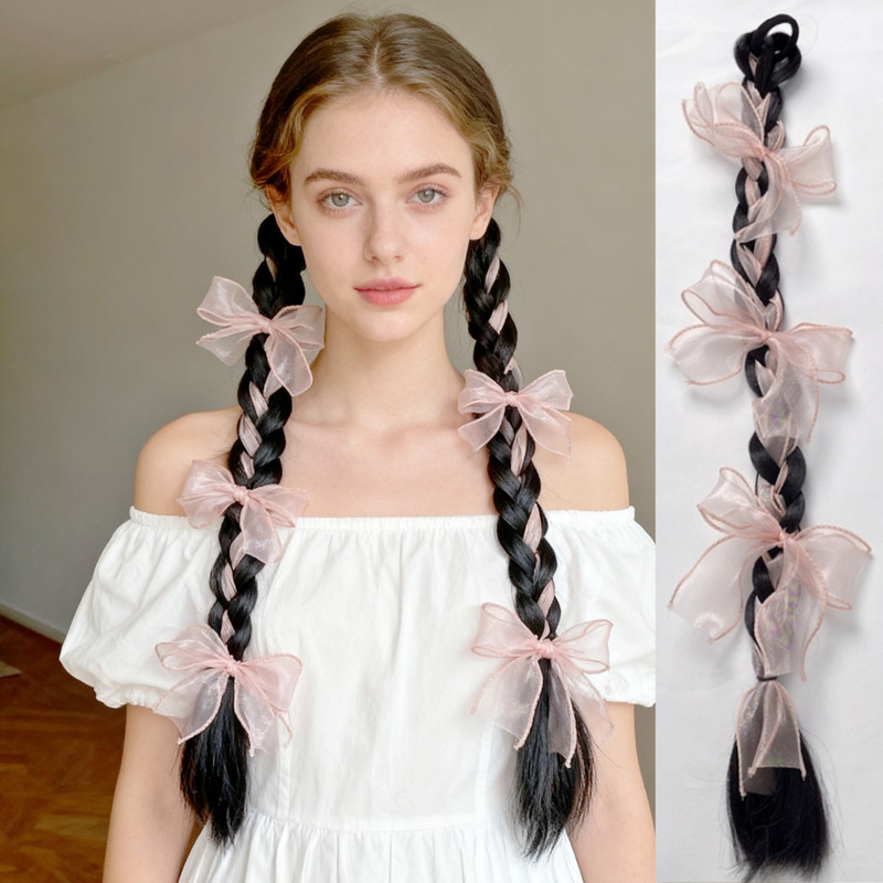 Pinduoduo Cross-Border Supply Wig Female Honey Exotic Style Chemical Fiber Long Hair Braid Wig Bow Double Ponytail Pinduoduo Cross-Border Supply Wig Female Honey Exotic Style Chemical Fiber Long Hair Braid Wig Bow Double Ponytail