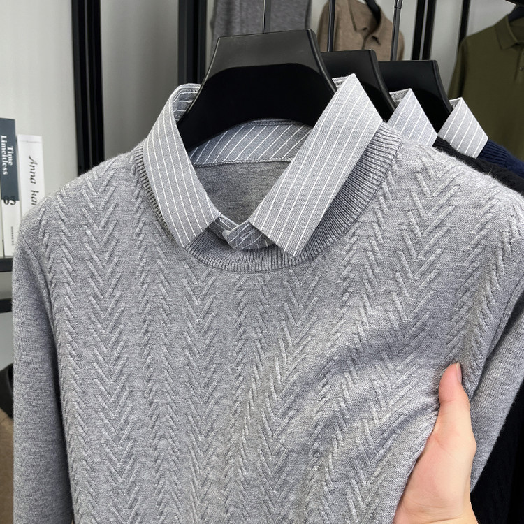 Jacquard de color sólido nuevo hombre falso dos piezas de camisa de punto de negocios solapa de moda camisa de punto de color sólido suéter de cuello