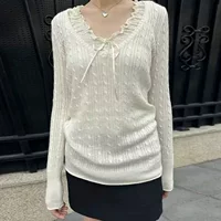 Beige long-sleeve, thin fitted sweater, V-neckline